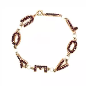 Gold 14k I Love You Bracelet Garnet Pearls Yellow Letter Links. Vintage - Picture 1 of 7