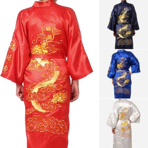 Men Chinese Retro Style Silk Satin Kimono Robe Gown Bathrobe Dragon Gown - Picture 1 of 18