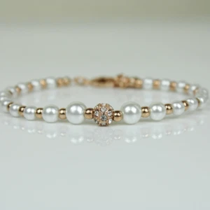 Bracciale Finitura Oro Rosa Creato Diamante e Perle Alternate Misure Perle - Foto 1 di 6
