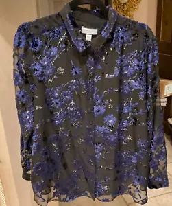 Charter Club Button Up Shirt Sheer Black Blue " Velvet " Petite XL PXL Shiny - Picture 1 of 5