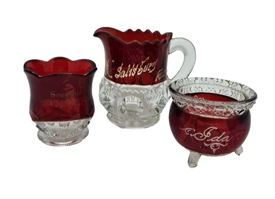 Antique Trio of Ruby Red Flash Glass Souvenirs - Circa 1910 Engraved - Image 1 of 4