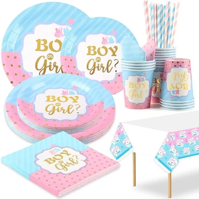 Gender Reveal Party Tableware Set for 16 Guests: Boy or Girl Paper Plates, Cups - Image 1 of 4