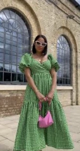 River Island Green Black Gingham Check Short Sleeve Tiered Midi Dress - Sz 12 - Picture 1 of 10