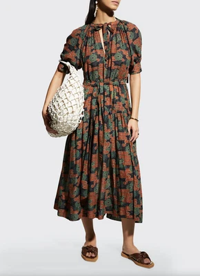 Vestido ULLA JOHNSON Selena Midi Encubrimiento Estampado Bosque Cuello Corbata Manga Abullonada Talla S Foto 1 de 4