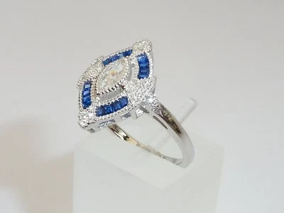 Anello da donna in argento sterling 925 con zaffiri marquise bianco e blu - Immagine 1 di 4