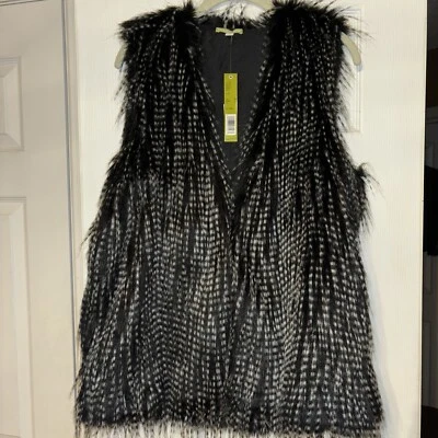 全新带标签 129 美元 Gianni Bini M 码人造毛皮背心波西米亚节日黑色带白色小费 — 第 1/4 张图片