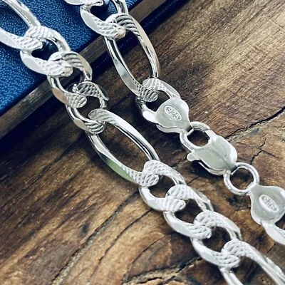 Collar de cadena Figaro de plata esterlina real para hombre con corte de diamante sello de Italia 925 Foto 1 de 4