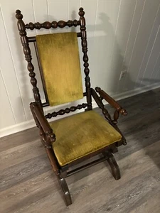 ANTIQUE VICTORIAN TURNED WALNUT VELVET ROCKING CHAIR - Picture 1 of 7