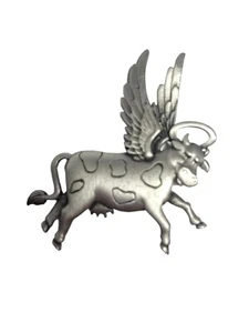 Vintage JJ Jonette Silvertone Brooch Flying Cow With Halo Signed Dairy Cow - Picture 1 of 6