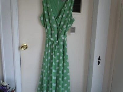 DANNY N NICOLE VERDE CLARO N CREMA LUNARES ELEGANTE VESTIDO ACAMPANADO CON CORBATA TALLA 14 NUEVO CON ETIQUETAS Foto 1 de 4