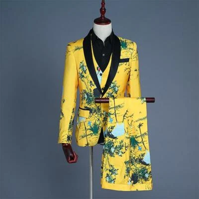 3 piezas Trajes Estampado Floral Para Hombre Un Botón Chaleco Abrigo Pantalones Calce Ajustado Vestido de Boda Foto 1 de 4
