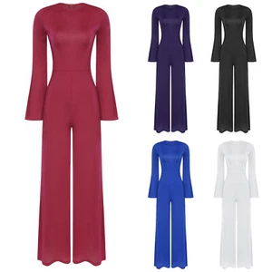 Women Jumpsuit Performance Romper One Piece Unitard Solid Color Ballroom Stage - Foto 1 di 31