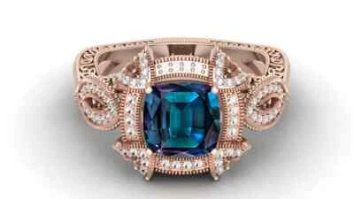 Anillo de compromiso de topacio azul simulado/circonita cúbica corte cojín de 4 quilates enchapado en oro rosa de 14 k Foto 1 de 4