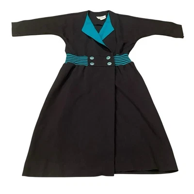 Vintage Toni Petite Black Teal Long Sleeve Dress Size 4P Wrap 4 Button Business - Image 1 of 4