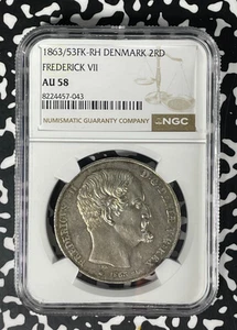 1863/53-FK-RH Denmark 2 Rigsdaler NGC AU58 Lot#G289 Large Silver! - Picture 1 of 3