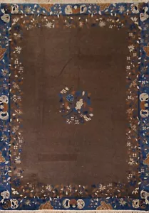 Dark Brown/ Blue Floral Chinese Handmade Art Deco Nichols Antique Rug 8'x10' - Picture 1 of 12