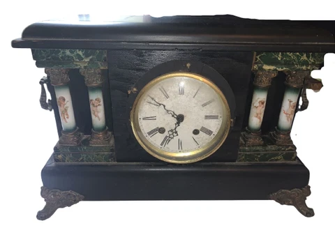 Antique Terhune Mantle Clock w/ Double Cherub Pillars Ornate handles copper feet Cover