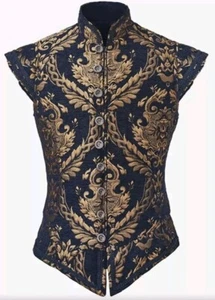 Mens Steampunk Gothic Waistcoat Medieval Victorian Navy Gold Renaissance Cosplay - Picture 1 of 3