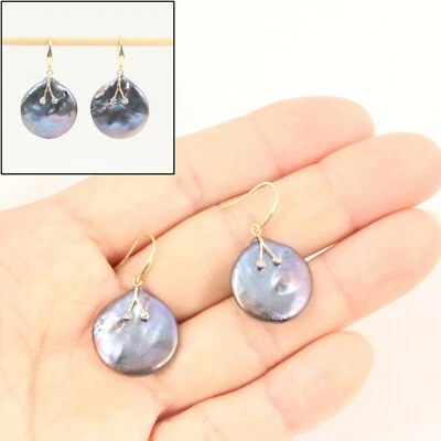 14K Yellow Gold Diamond Black Coin Pearl Hook Earrings - Image 1 of 4