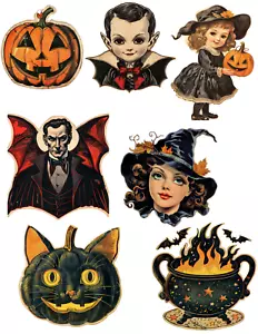 Set di 7 ADESIVI vintage retrò Halloween effemera taglio pressofuso - Basta tagliare e utilizzare! - Foto 1 di 1