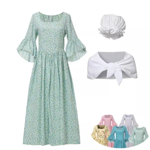 Womans Colonial Pioneer Dress Pilgrim Costume Carnival Floral Dress with Bonnet - Picture 1 of 23
