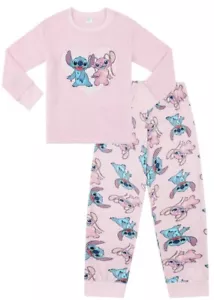 Girls Luxury Disney Lilo And Stitch Angel Warm Fleece Pink Long Pyjamas - Picture 1 of 1