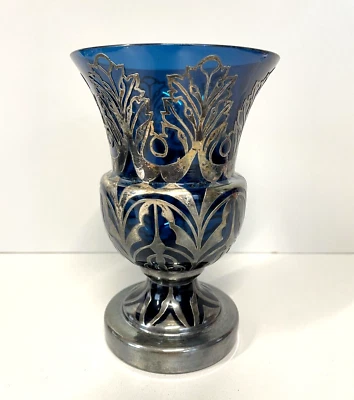 ANTICA COPPA CRISTALLO BLUE TRASPARENTE INCASTONATA ARGENTO BIEDERMEIER 15 cm/h - Immagine 1 di 4