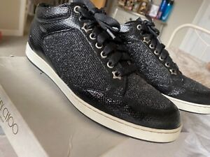 GENUINE JIMMY CHOO MIAMI BLACK PATENT LEATHER AND BLACK SPARKLED TRAINERS SIZE 8