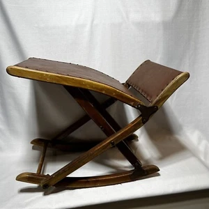 VTG Antique Folding Rocking Chair Footstool Wooden Brown Leather? Adjustable MCM - Picture 1 of 20