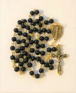 Traditional Miraculous Center Black Glass Pearl Catholic Rosary Beads - Picture 1 of 3