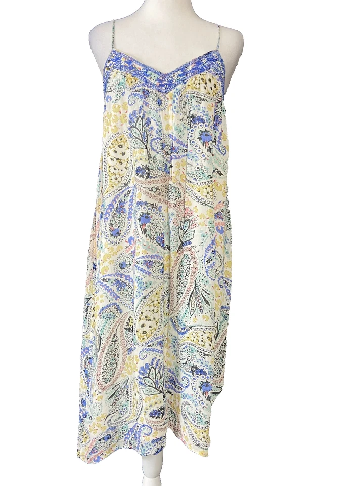 Lucky Brand Dress Medium White Blue Paisley Flowy Boho Casual Summer Beach - Image 1 of 4