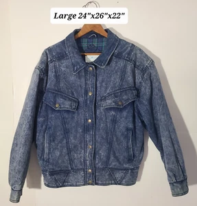 Vintage 80s/90s Sergio Valente Plaid Lined Large Denim Jacket - Picture 1 of 7