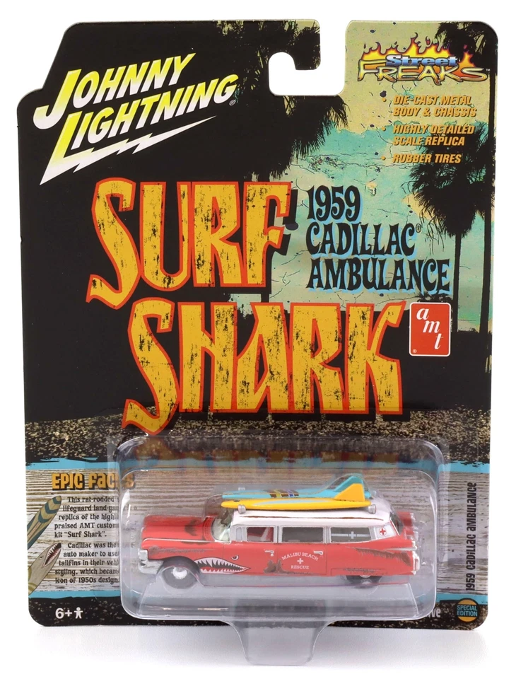 1:64 Johnny Lightning ´59 Cadillac Eldorado Ambulanza Surf Shark Red/Bianco - Immagine 1 di 2