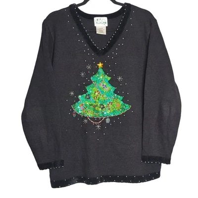 Vintage The Quacker Factory Holiday Christmas Tree Sweater Large Black Beaded Kn - Image 1 of 4