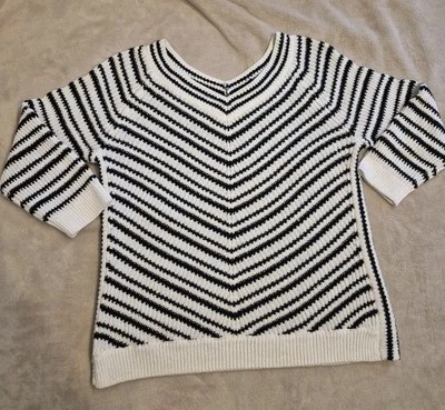 Talbot's 女式 MP Petite V 领 3/4 袖亚麻棉毛衣黑色白色... — 第 1/4 张图片