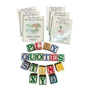 6 Beatrix Potter mini book set + 18 vintage wood alphabet blocks nursery decor - Picture 1 of 7