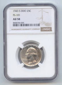 1943-S Double Die Washington Quarter, NGC AU-58, FS-101, DDO - Picture 1 of 2