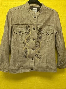 Chico's Gold Metallic Shimmer Denim Embroidered Lined Jeans Jacket Style Size O - Bild 1 von 12