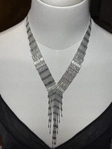 Vtg Silver Fringe Statement Necklace Bib Style Art Deco Gatsby Glam Gemstone - Picture 1 of 4