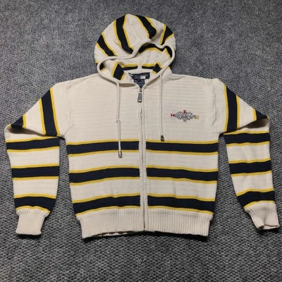 90 年代 Escada 运动复古白色 100% 棉针织拉链夹克外套条纹 M 码 — 第 1/4 张图片
