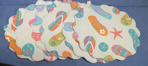 Flip Flop Life Beach Cotton Quilted Round Reversible Placemats Set of 6, 17" - Picture 1 of 6