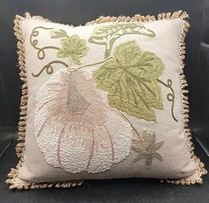 Pier 1 Imports Embroidered White Pumpkin Jute Harves Fall Holiday Pillow 12” - Picture 1 of 4