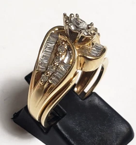 10K YELLOW GOLD 1/2 CT TW MARQUISE & BAGUETTE DIAMOND BRIDAL RING SET SIZE 5.75 - Picture 1 of 8