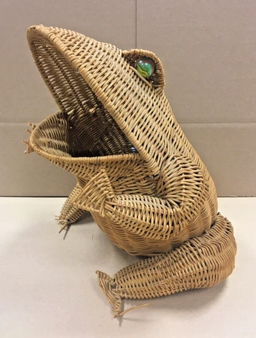 Vintage Mid-Century 16" Wicker Sitting Frog With Open Mouth Waste Basket Cover