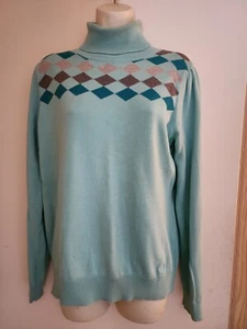 Vintage Y2K Izod Sweater Turtleneck Green Argyle Diamond Print Size L Preppy - Picture 1 of 3