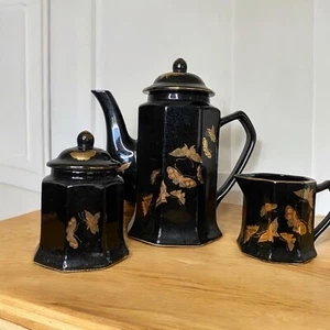 Vintage 70s "Golden Butterflies" Enesco Creamer Sugar Bowl & Coffee Pot / Teapot - Picture 1 of 7
