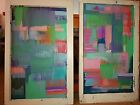 Painting Original Abstract Modern Contemporary 36X44" Pink Blue PASTELS Diptych
