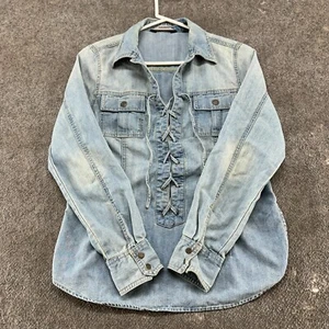 VINTAGE Express Shirt Womens M Blue Long Sleeve Precision Fit Lace Up Denim Y2K - Picture 1 of 10