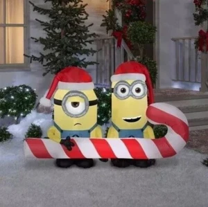 Gemmy 6ft Airblown Inflatbale Minions Kevin and Stuart Carrying Candy Cane Scene - Picture 1 of 7
