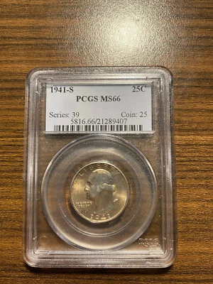 Cuarto de plata Washington 1941-S 25C graduación profesional MS 66 tipo 1, plata  Foto 1 de 2